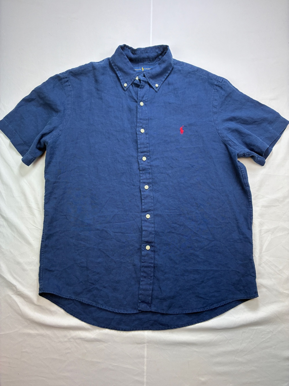 Ralph Lauren Navy Short-Sleeve Button-Down Shirt with Red Pony